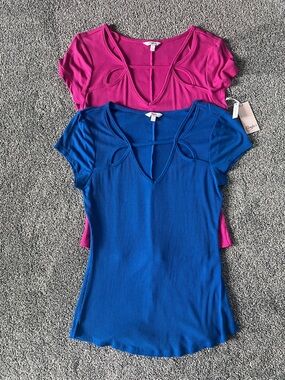 Candie's (2) Ribbed V-Neck Short Sleeve Top in Blue & Pink